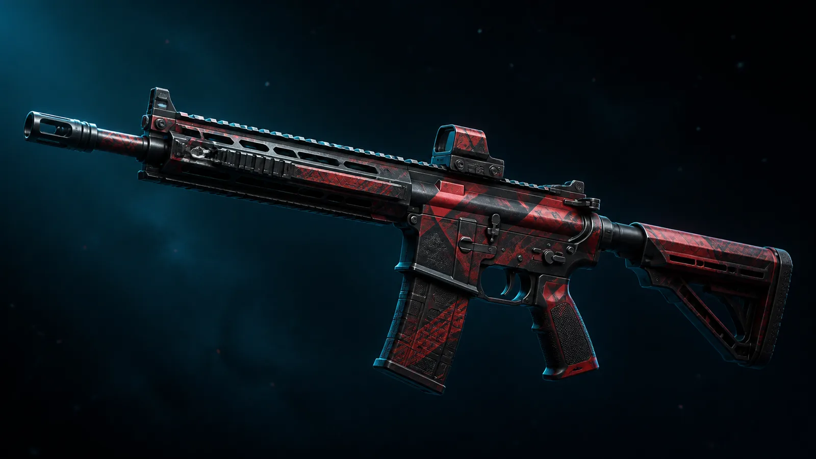 Red and black collectible rifle skin on a dark blue background